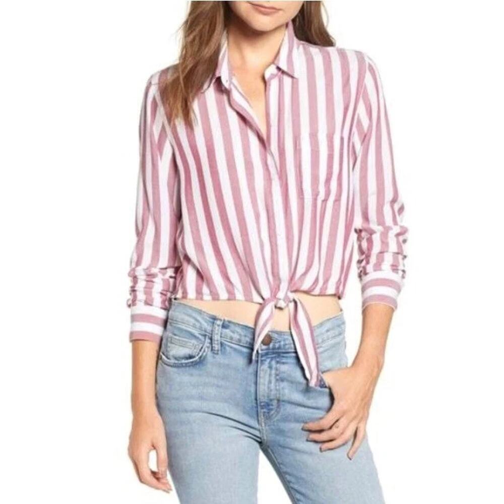 Rails Val Dali Stripe Top Size Size S Maroon White Stripe Tie Front Blouse